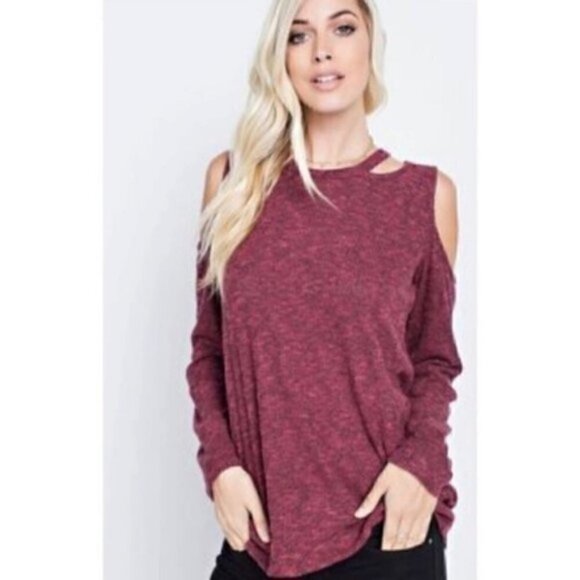 143 Story Top Medium Cold Shoulder Long Sleeve Deconstructed Maroon Distressed - Picture 1 of 9